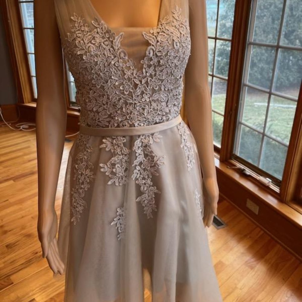 * Baby On Line Gray Lace Knee Length Rehearsal Wedding Gown Bridal Dress Size 16